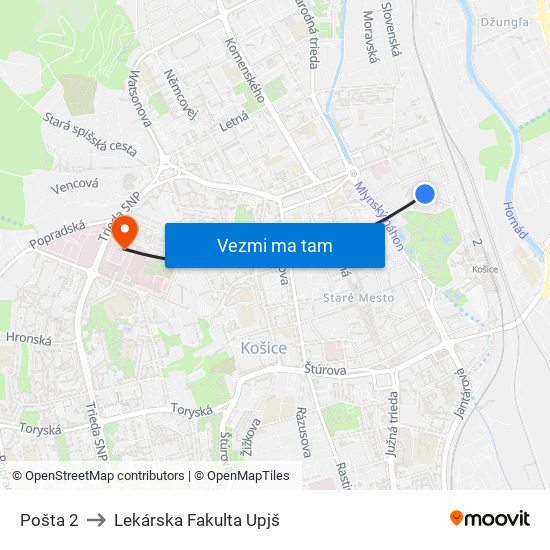 Pošta 2 to Lekárska Fakulta Upjš map