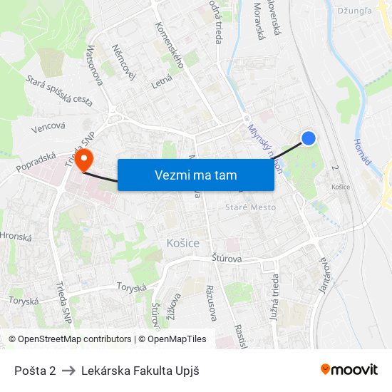 Pošta 2 to Lekárska Fakulta Upjš map