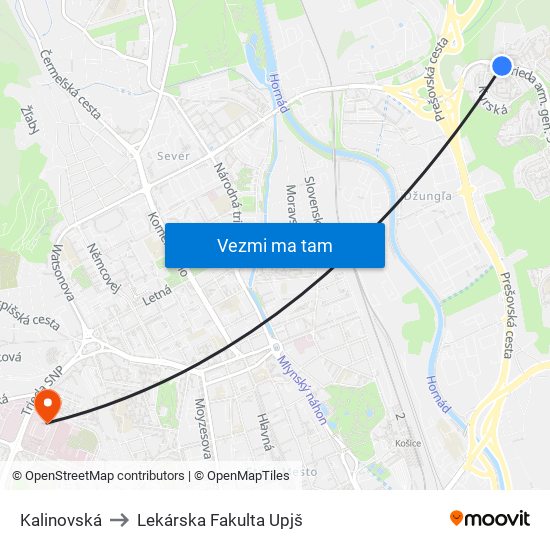 Kalinovská to Lekárska Fakulta Upjš map