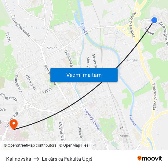 Kalinovská to Lekárska Fakulta Upjš map