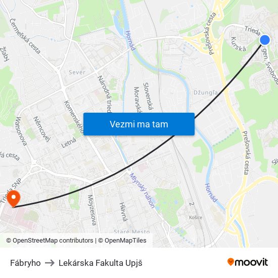 Fábryho to Lekárska Fakulta Upjš map