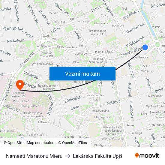 Namesti Maratonu Mieru to Lekárska Fakulta Upjš map