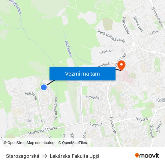 Starozagorská to Lekárska Fakulta Upjš map