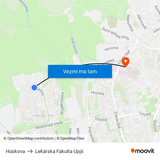 Húskova to Lekárska Fakulta Upjš map