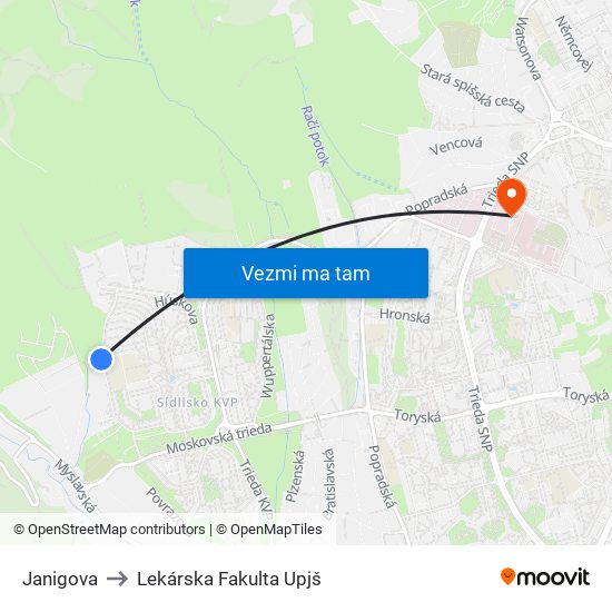 Janigova to Lekárska Fakulta Upjš map