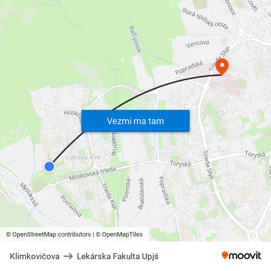 Klimkovičova to Lekárska Fakulta Upjš map