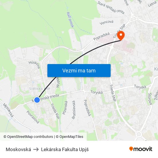 Moskovská to Lekárska Fakulta Upjš map