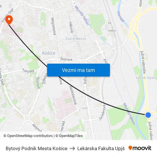 Bytový Podnik Mesta Košice to Lekárska Fakulta Upjš map