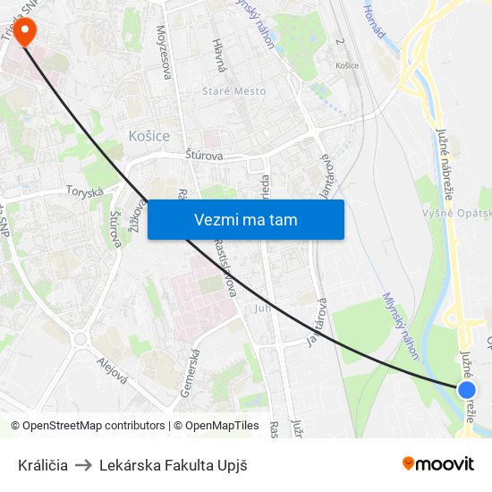 Králičia to Lekárska Fakulta Upjš map