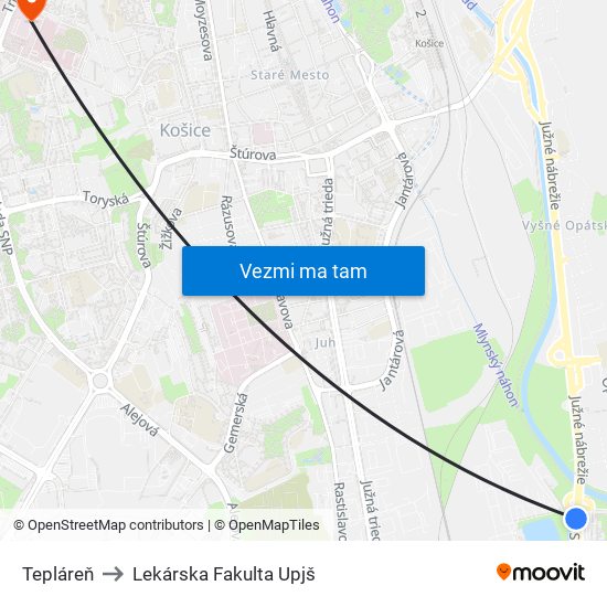 Tepláreň to Lekárska Fakulta Upjš map