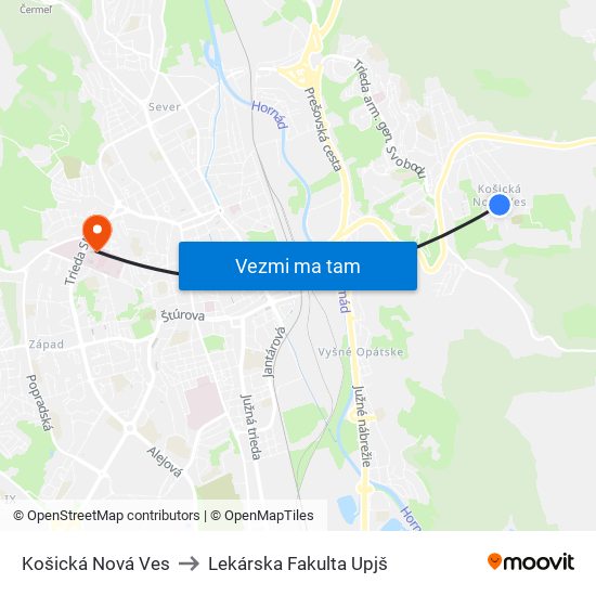 Košická Nová Ves to Lekárska Fakulta Upjš map