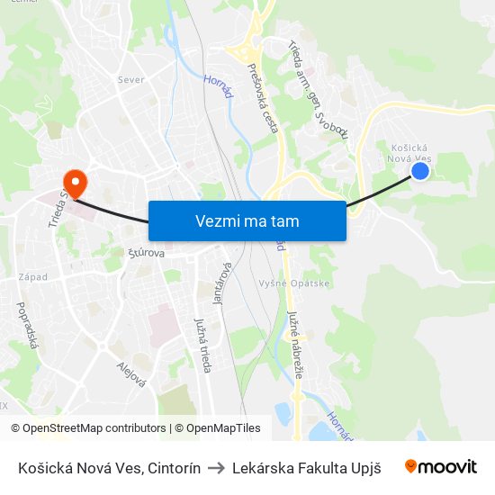 Košická Nová Ves, Cintorín to Lekárska Fakulta Upjš map