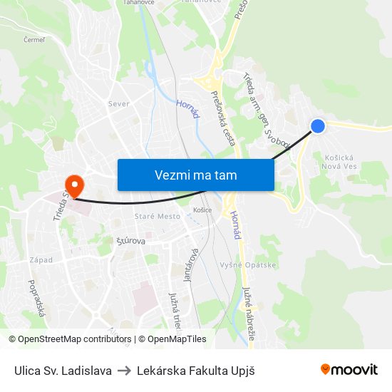 Ulica Sv. Ladislava to Lekárska Fakulta Upjš map