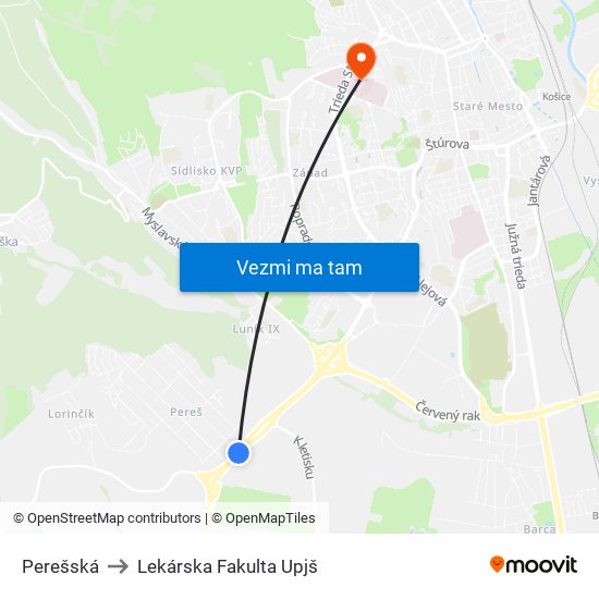 Perešská to Lekárska Fakulta Upjš map