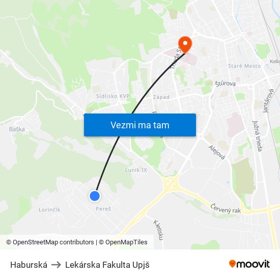 Haburská to Lekárska Fakulta Upjš map