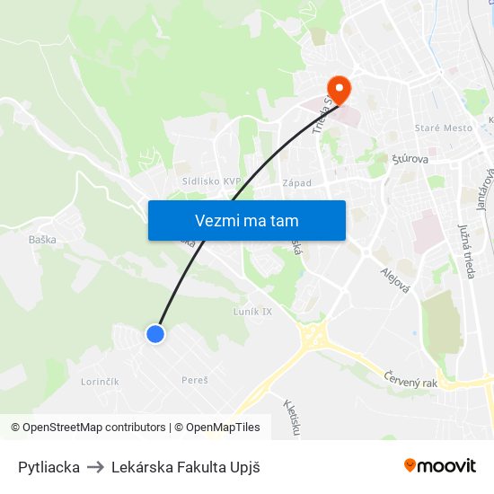 Pytliacka to Lekárska Fakulta Upjš map