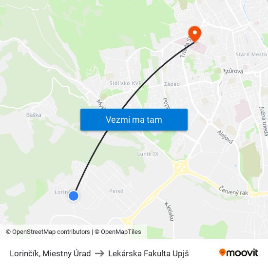 Lorinčík, Miestny Úrad to Lekárska Fakulta Upjš map