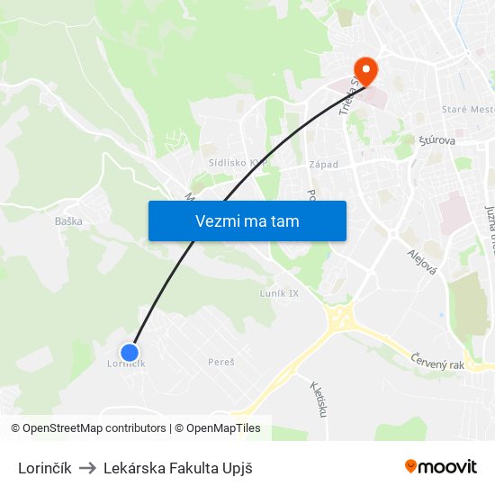 Lorinčík to Lekárska Fakulta Upjš map