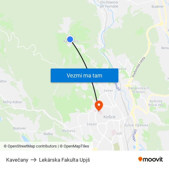 Kavečany to Lekárska Fakulta Upjš map