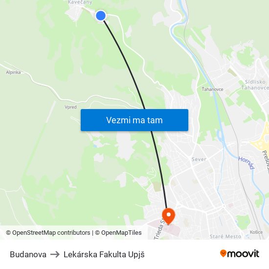 Budanova to Lekárska Fakulta Upjš map