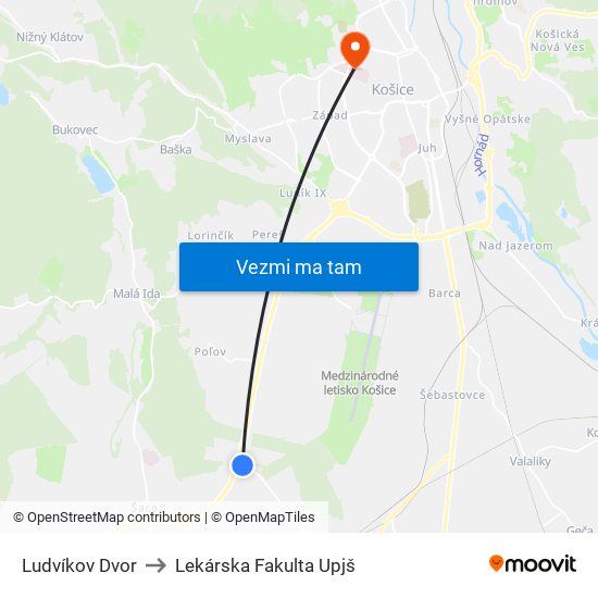 Ludvíkov Dvor to Lekárska Fakulta Upjš map