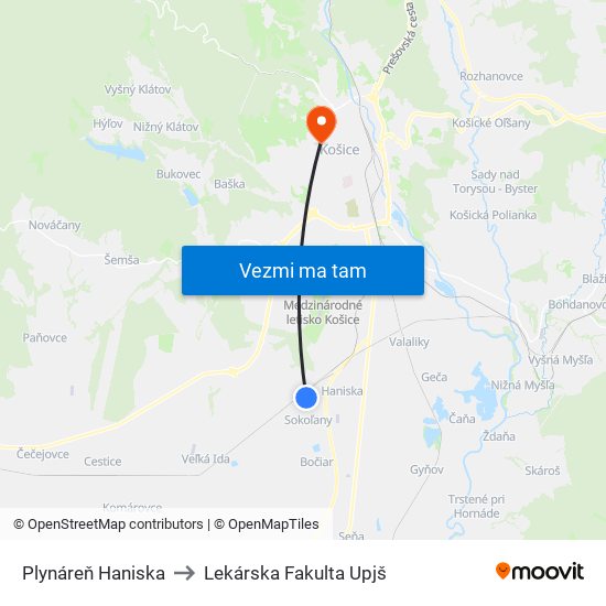 Plynáreň Haniska to Lekárska Fakulta Upjš map