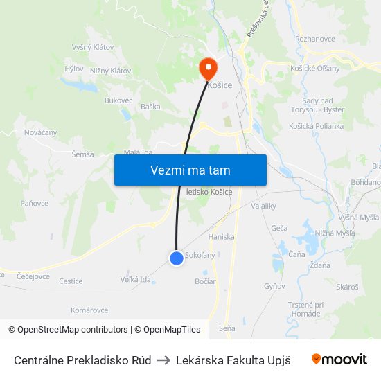 Centrálne Prekladisko Rúd to Lekárska Fakulta Upjš map