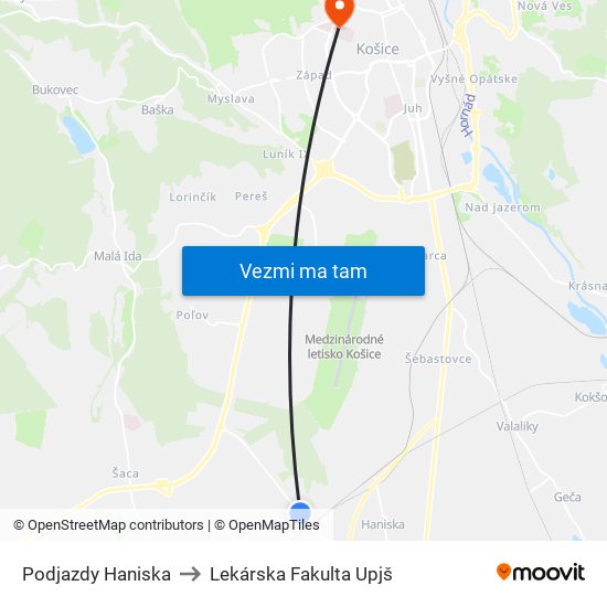 Podjazdy Haniska to Lekárska Fakulta Upjš map