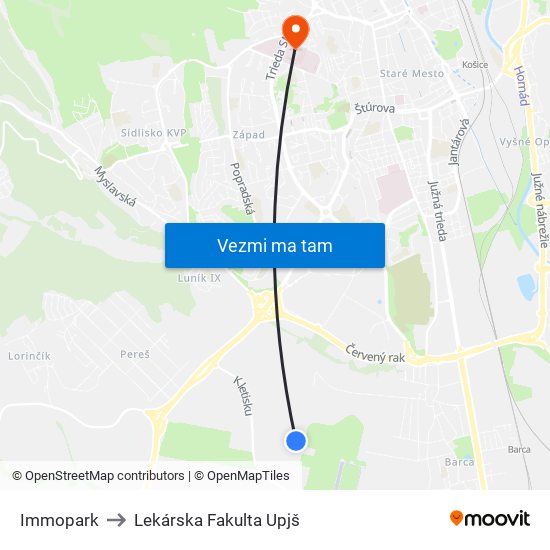 Immopark to Lekárska Fakulta Upjš map