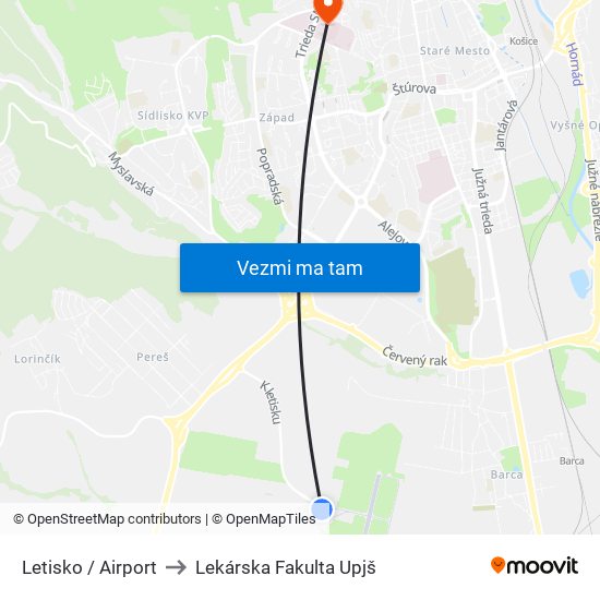 Letisko / Airport to Lekárska Fakulta Upjš map