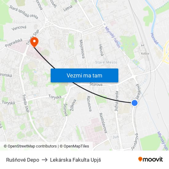 Rušňové Depo to Lekárska Fakulta Upjš map