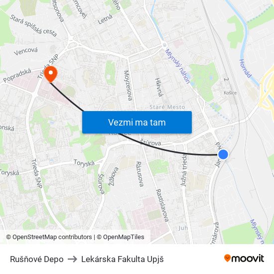 Rušňové Depo to Lekárska Fakulta Upjš map