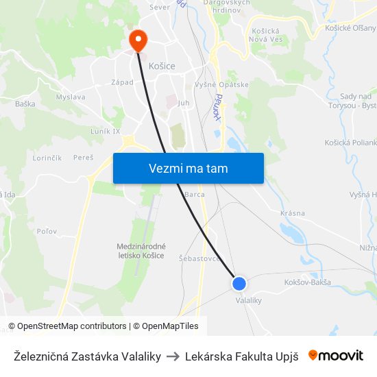 Železničná Zastávka Valaliky to Lekárska Fakulta Upjš map