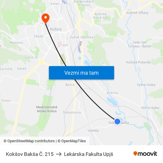 Kokšov Bakša Č. 215 to Lekárska Fakulta Upjš map