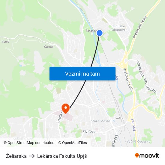 Želiarska to Lekárska Fakulta Upjš map