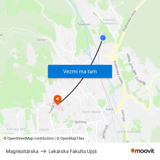 Magnezitárska to Lekárska Fakulta Upjš map