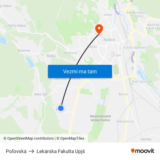 Poľovská to Lekárska Fakulta Upjš map