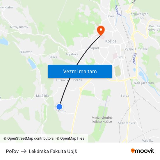 Poľov to Lekárska Fakulta Upjš map