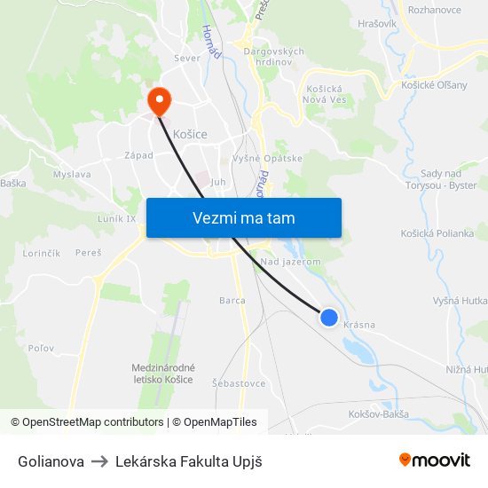 Golianova to Lekárska Fakulta Upjš map