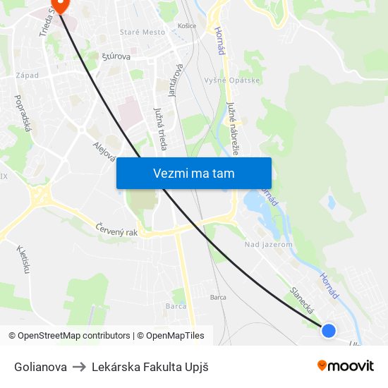 Golianova to Lekárska Fakulta Upjš map