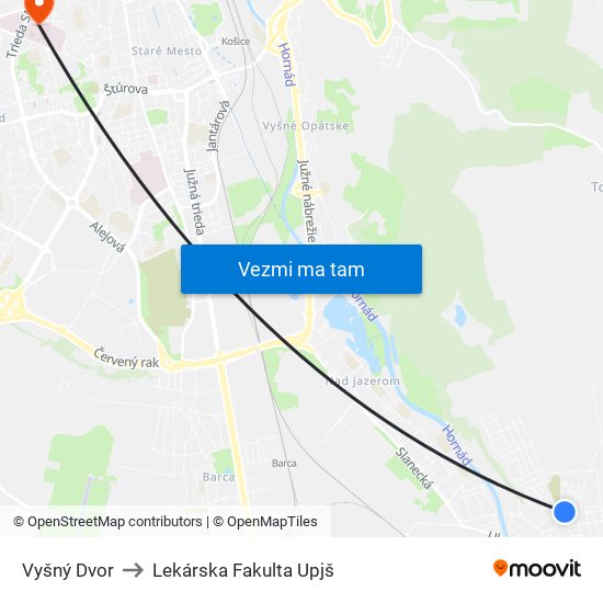 Vyšný Dvor to Lekárska Fakulta Upjš map