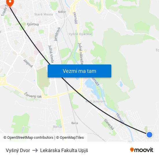 Vyšný Dvor to Lekárska Fakulta Upjš map