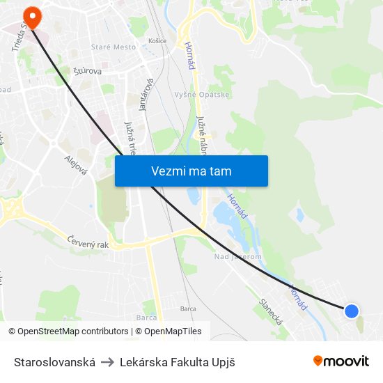 Staroslovanská to Lekárska Fakulta Upjš map