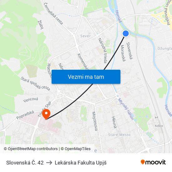 Slovenská Č. 42 to Lekárska Fakulta Upjš map