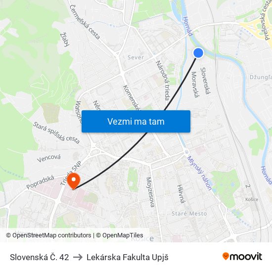 Slovenská Č. 42 to Lekárska Fakulta Upjš map