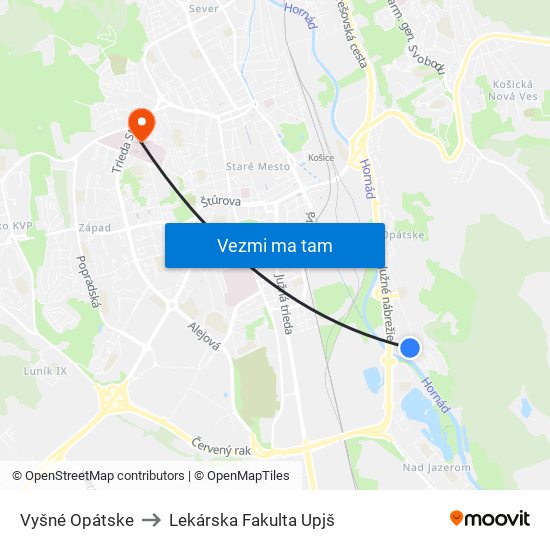 Vyšné Opátske to Lekárska Fakulta Upjš map