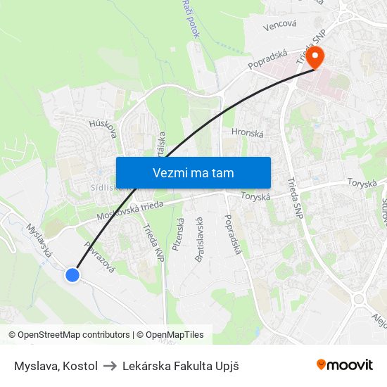 Myslava, Kostol to Lekárska Fakulta Upjš map