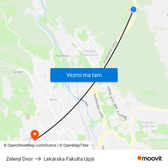 Zelený Dvor to Lekárska Fakulta Upjš map