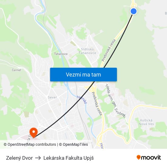 Zelený Dvor to Lekárska Fakulta Upjš map