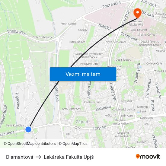 Diamantová to Lekárska Fakulta Upjš map